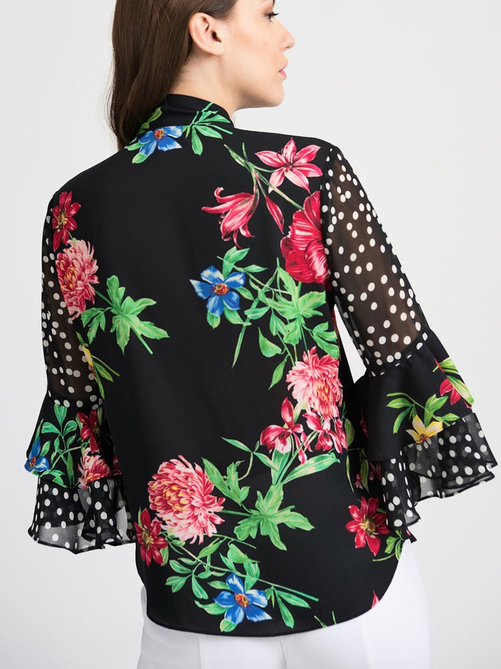 Joseph Ribkoff Mixed Media Floral Polka Dot Ruffle Tie Neck Blouse Size 8 - Picture 4 of 14